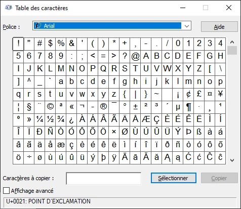 table des caractères de windows 10